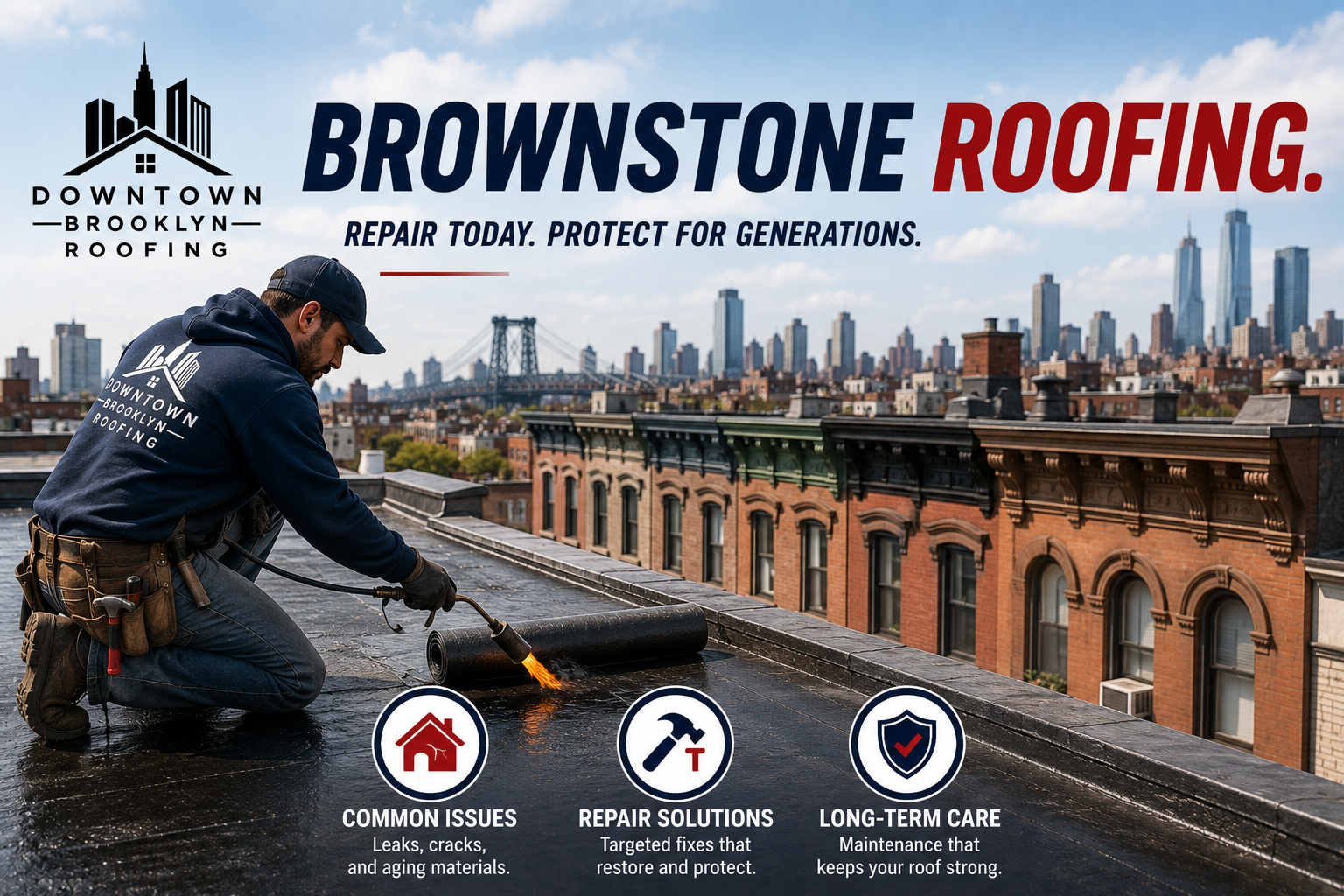 Alt text: Brownstone roofing in Brooklyn with common roof issues and repair solutions
