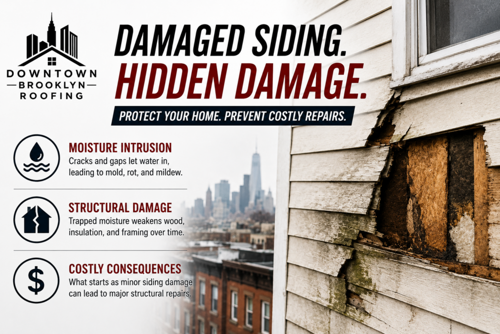 Damaged siding causing moisture and structural damage in a Brooklyn home