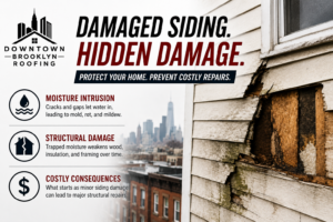 Damaged siding causing moisture and structural damage in a Brooklyn home