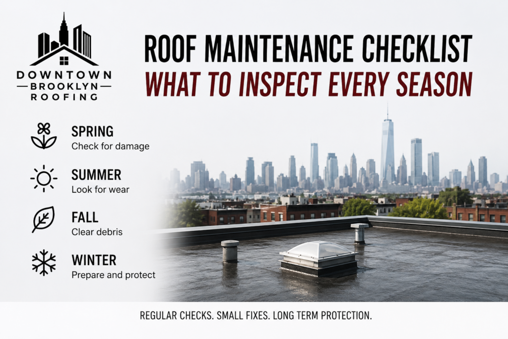 Roof maintenance checklist for Brooklyn property owners, showing seasonal roof inspection and maintenance tasks.